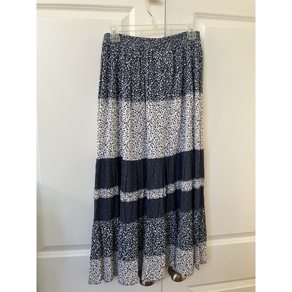 Womens Skirt Blue White Floral Tiered Midi Modest Gauzy Boho Cottagecore - Picture 2 of 5